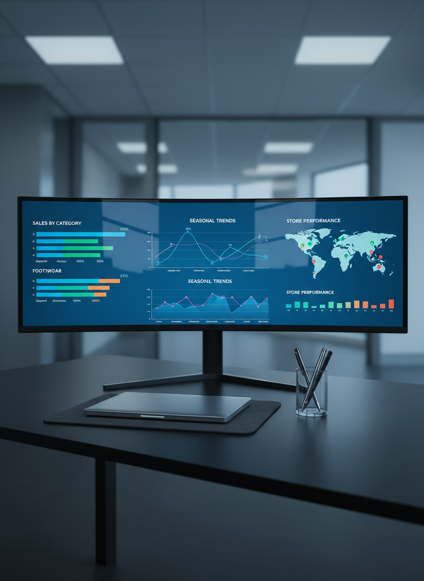A large, sleek digital dashboard interface fills the frame, displaying detailed analytics of the fashion retail market: multi-colored bar charts of sales by category, line graphs of seasonal trends, and a map with store performance indicators. The interface appears on an ultra-wide monitor set on a clean, matte black desk with a closed laptop and a pen holder as non-distracting props. Cool, diffused office lighting from above reflects gently on the screen’s glass surface, emphasizing clarity and precision. Shot at eye level with sharp focus throughout, the composition feels balanced and professional. The photographic realism and cool, modern aesthetic communicate data-driven insight and control in the fashion business world, without any human presence.