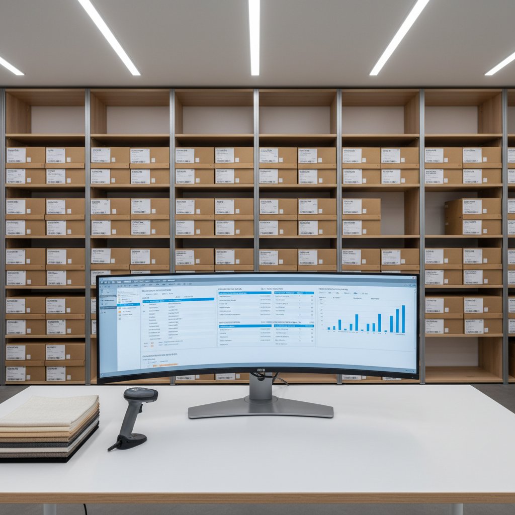 A bright, meticulously organized fashion retail back office featuring a large curved monitor showing an SAP system interface with inventory levels, purchase orders, and brand performance KPIs for apparel and accessories. Beside the monitor lies a stack of neutral-colored sample fabric swatches and a simple metal barcode scanner, hinting at integration with store operations. The environment includes tall shelving units in the background with neatly labeled, unbranded cardboard boxes. Soft, even LED ceiling light creates a clean, shadow-free atmosphere. Photographed from a slightly elevated angle using a wide lens, everything is in sharp focus, conveying efficiency, structure, and rigorous control of fashion retail processes.