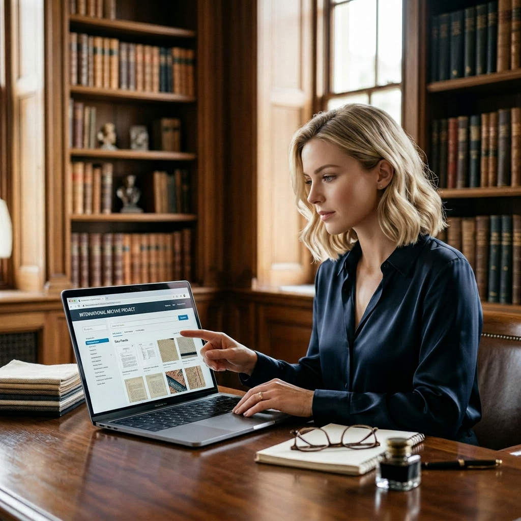 Woman pointing at archival documents on laptop screen in wood-paneled library